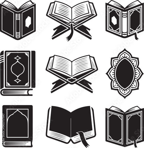 Islamic Holy Quran book icons on stands