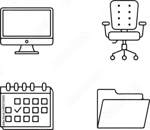 Four black and white of a computer monitor, office chair, calendar, and file folder