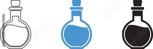 Three colored icons of laboratory glass bottles with corks and liquids inside on white background