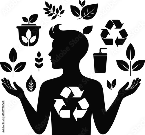 Black silhouette representing eco friendly lifestyle with leaves, recycling and nature symbols