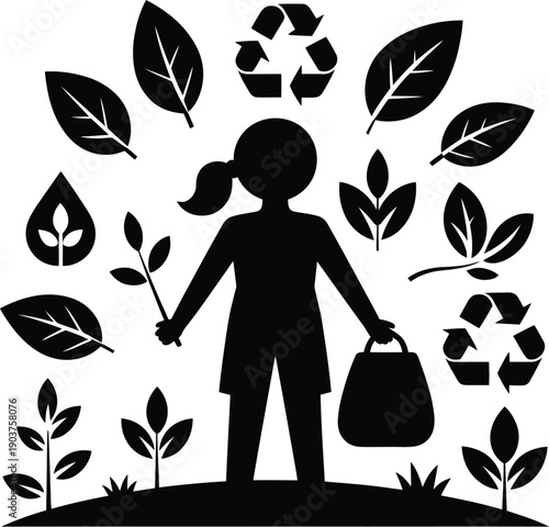 Black silhouette representing eco friendly lifestyle with leaves, recycling and nature symbols