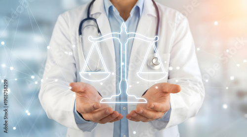 Medical professional in white lab coat holds glowing scales of justice icon representing healthcare ethics and law on bright abstract background