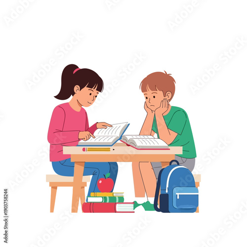 Children Studying Together: Girl Explains, Boy Looks Bored