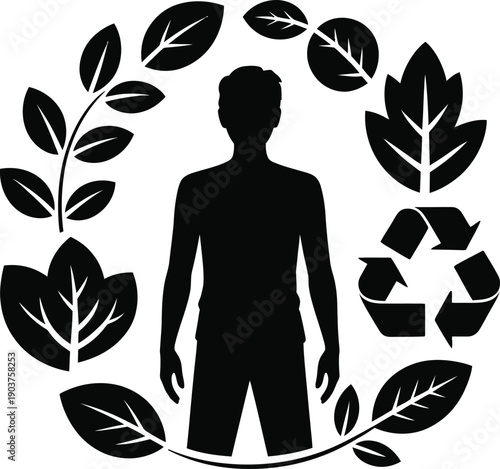 Black silhouette representing eco friendly lifestyle with leaves, recycling and nature symbols