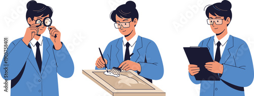 A vector graphic illustration of a businessman in three different poses, showcasing professionalism and multitasking skills in a modern office setting.