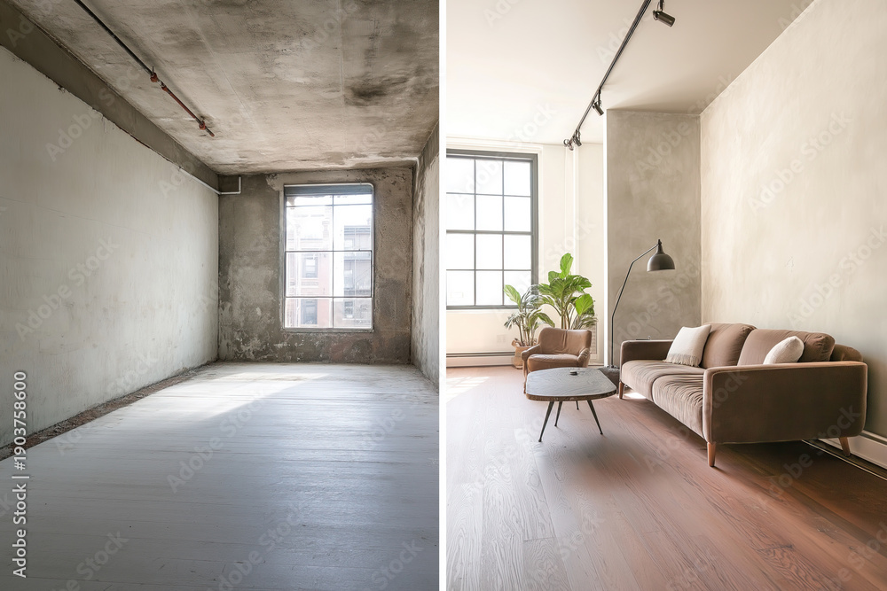 Fototapeta premium Before and after interior renovation – transformation of a room