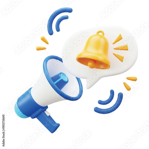 3D illustration of a blue and white megaphone emitting sound waves, with a speech bubble containing a yellow bell and sound lines, conveying alertness.