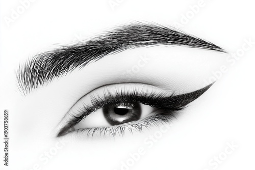 Black and white photo of a made-up eye and eyebrow