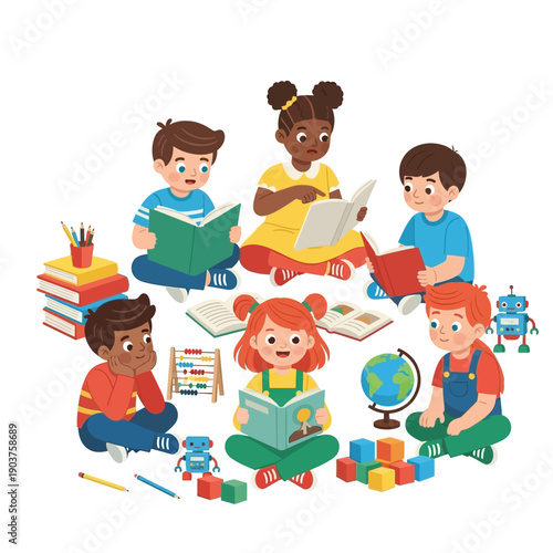 Diverse Children Reading Books Together, Learning and Imagination