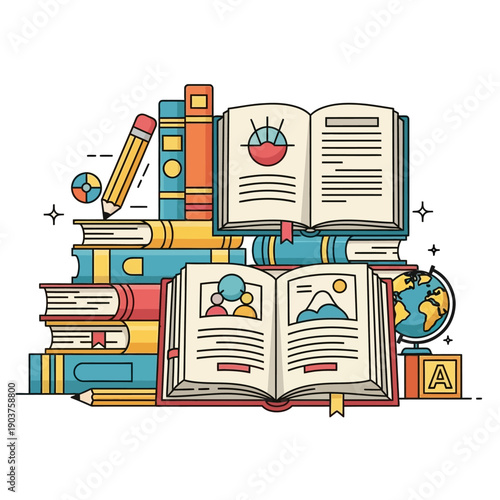 Stack of Books with Open Pages, Globe, Pencil, and Building Blocks - Education Concept