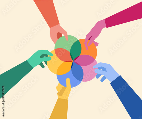 Five hands holding merge of five circles, company equity merge concept illustration