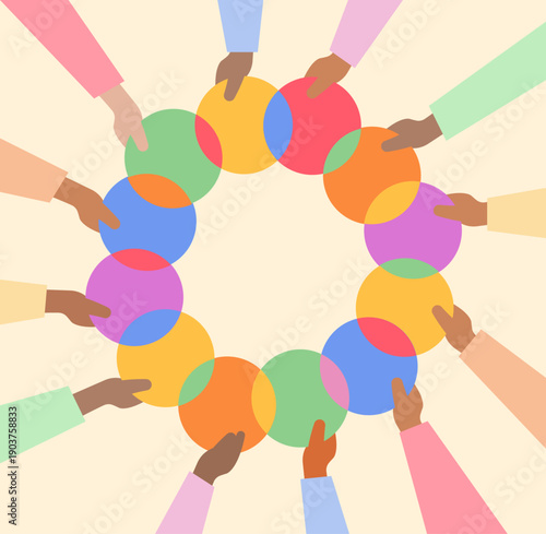 Many hands holding merge of many circle, company equity merge concept illustration