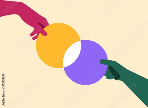 Two hand holding merge of two circle, company equity merge concept illustration