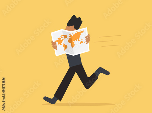 Man paying close attension to world map and running illustration