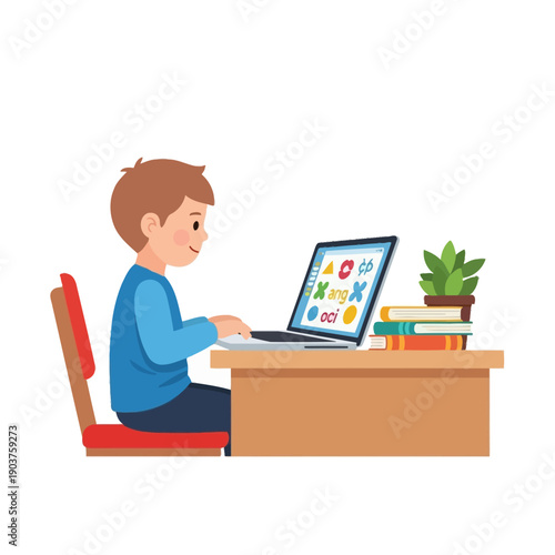 Boy Learning Online with Laptop and Books at Desk