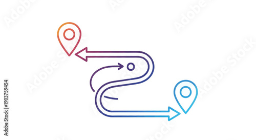 Gradient navigation path with location pins illustrating travel logistics and route planning
