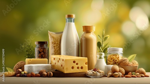 Dairy bottles, cheese, pasta and nuts arranged on wooden table with green natural background