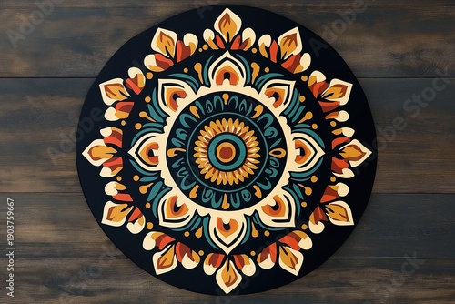 Painted artistic mandala in a black circle on a wooden surface