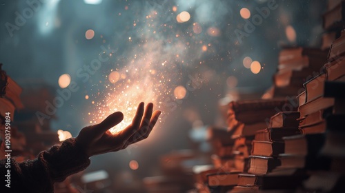 Glowing magical light floating above a hand among books, symbolizing imagination, knowledge and creative inspiration.