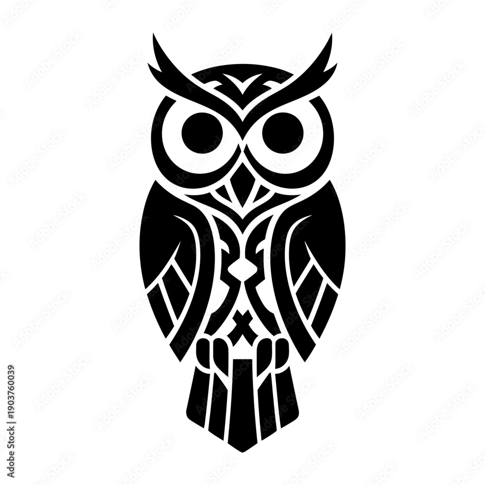 Naklejka premium Stylized Tribal Owl Illustration Featuring Intricate Geometric Patterns and Bold Black Lines Isolated on White Background Representing Wisdom, Knowledge, and Ancient Mystical Symbolism.