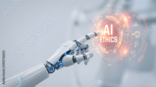 A sophisticated white robotic arm with blue lights touches a glowing digital interface displaying AI Ethics in a clean futuristic setting