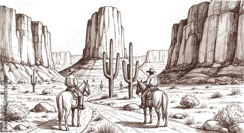 Two cowboys riding horses in desert landscape, vintage sketch style illustration with cactus and rock mountains, wild west adventure concept, monochrome art