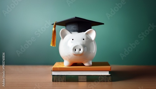 concept image of education savings and financial planning a white piggy bank wearing a graduation cap sits on top of a stack of books