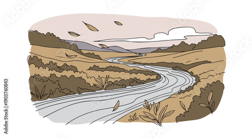 Illustration of a winding road through a dry landscape with hills and sparse vegetation under a pinkish sky.