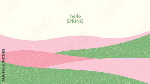 Abstract pink spring landscape. Rural field texture. Flower plantations background. Hills in forest. Panoramic eco agro illustration. colorful vector. Horizontal landscape nature. Hello spring text.