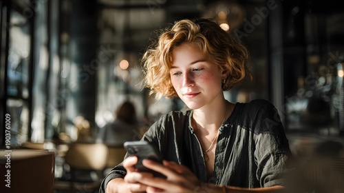 Young woman with short curly hair sitting at a table in a modern cafe, focused on her smartphone during the daytime