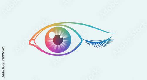 A lively and expressive rainbow colored eye winking playfully with long eyelashes against a light
