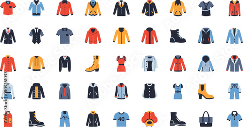 Colorful Clothing Vector Icon Set with Jackets, Shirts, Pants, Boots, and Accessories for Fashion Apps, Retail Websites, and Design Projects.