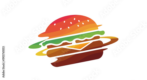 Dynamic colorful hamburger logo design featuring a gradient of fresh fast food ingredients an
