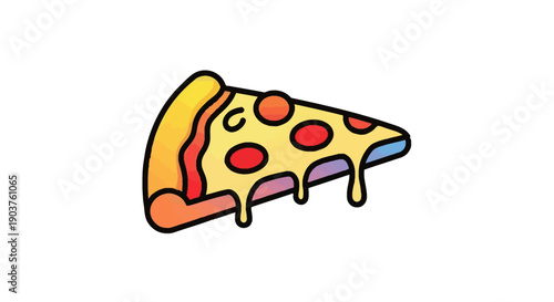 A vibrant cartoon illustration of a cheesy pizza slice with melting toppings, perfect for