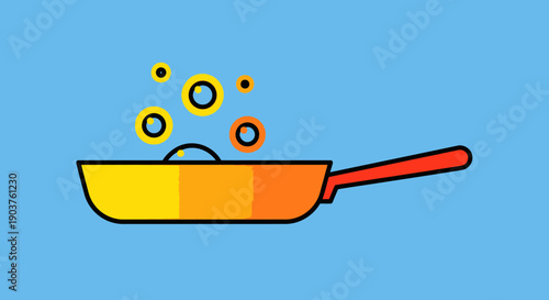 Minimalist cartoon style illustration of a vibrant yellow and orange frying pan cooking with