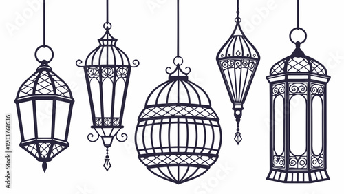 Line art illustration of five ornate hanging lanterns in a row