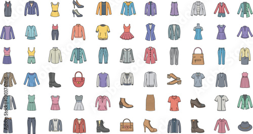 Colorful Fashion Vector Icon Collection with Clothing, Dresses, Shoes, Bags, and Accessories for Shopping Apps, Websites, and Style Design Projects.
