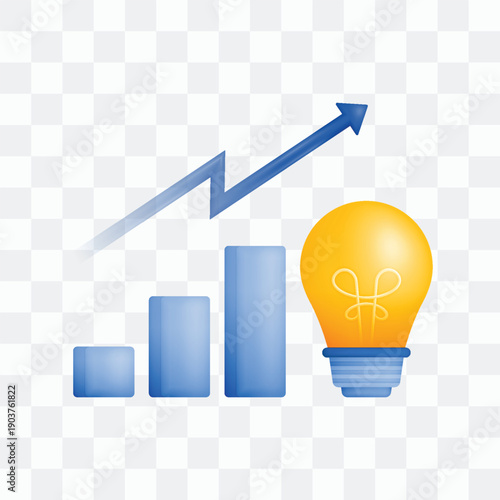 3d icon realistic render style of bulb and lights with increase in bar charts and arrows, metaphors from ideas to increase wealth, profit margin or sales. Can be used for websites, apps, ads, poster