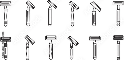 Ten different styles of black and white razor blades in a row shaving razors line grooming tools