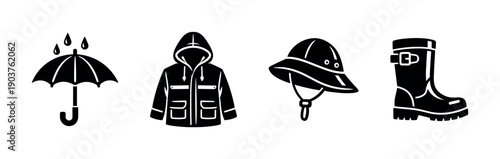 Rain gear essentials: umbrella, coat, hat, boots, flat vector illustration