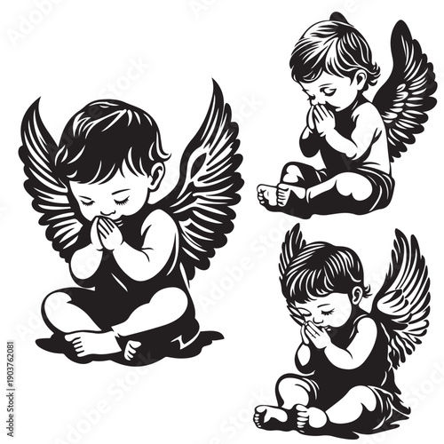 Little Angel Boy with Wings Smiling in Cute Cartoon Style