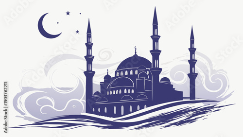 Stylized illustration of a blue mosque with a crescent moon and stars