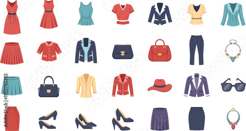 Colorful Fashion Vector Icon Set with Dresses, Jackets, Skirts, Shoes, Bags, and Accessories for Shopping and Style Design Projects.