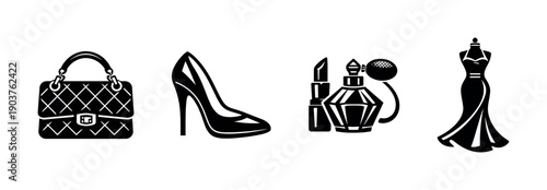 Fashion accessories and beauty icons, flat vector illustration