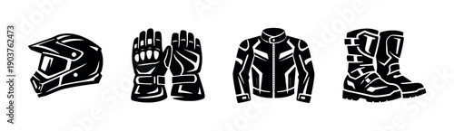 Motorcycle gear set: helmet, gloves, jacket, boots - flat vector illustration