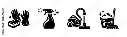Cleaning tools and equipment icons set, flat vector illustration
