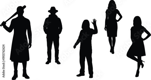 Group of black silhouettes of people, man holding baseball bat, woman posing in dress, person waving hand, vector illustration set isolated white background