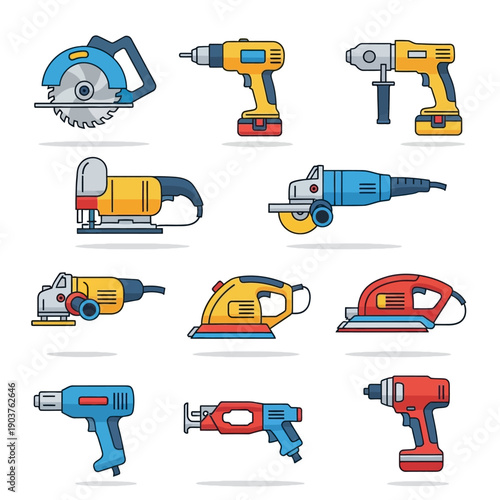 Collection of power tools, electric tools, DIY tools, construction equipment, illustration