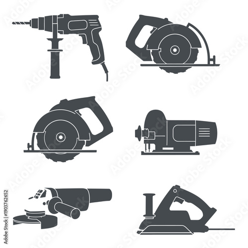 Collection of Power Tools Icons - Drill, Circular Saw, Grinder, Planer, Jigsaw