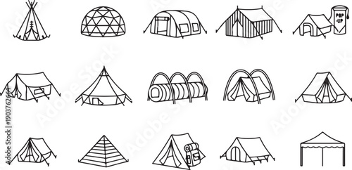 Various types of tents and shelters illustrated in black and white line teepee dome tent